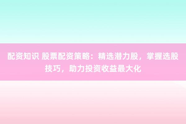 配资知识 股票配资策略:精选潜力股,掌握选股技巧,助力投资收益最大化